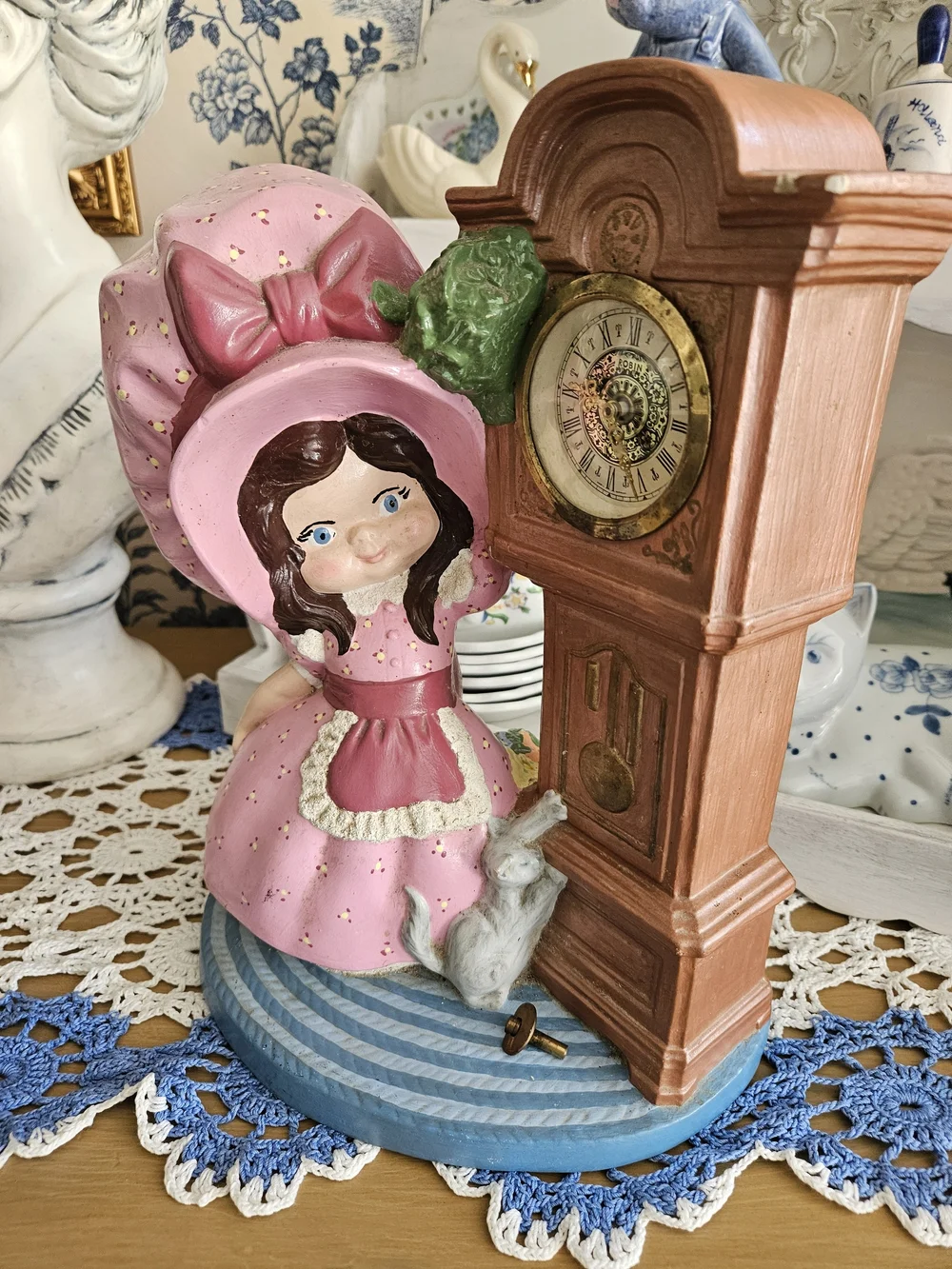 Pink Girl Figurine with Grandfather Clock Decorative Statue